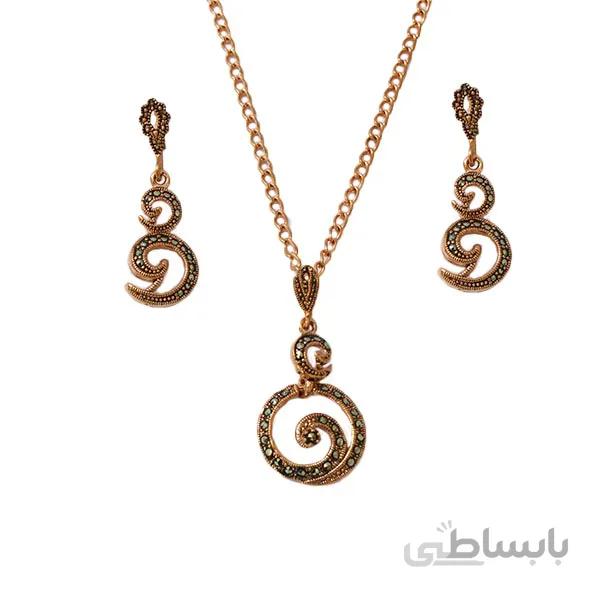 نیم ست گردنبند و گوشواره مسی با نگین های مارکازیت اصل کد JW268.2