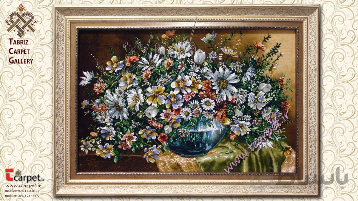 تابلو فرش گل عرضی الوان گلدان شیشه ای