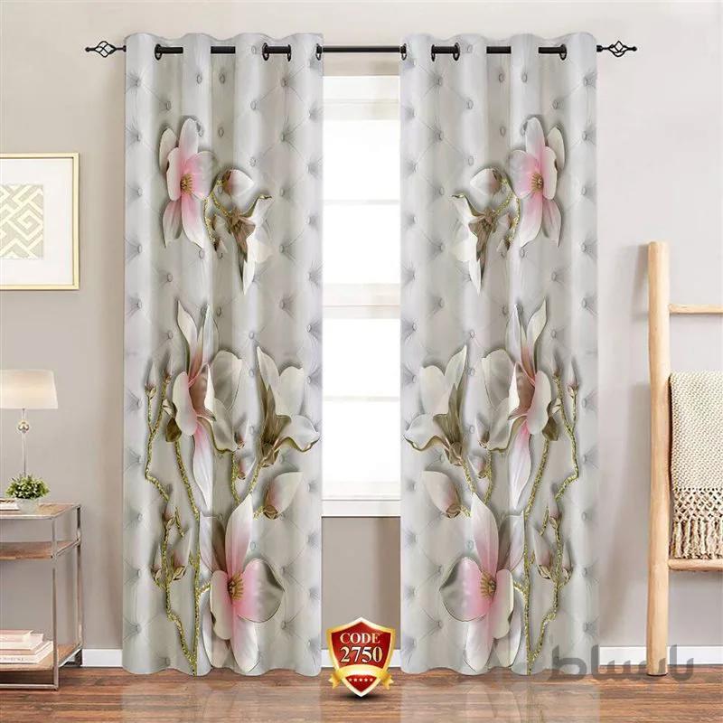 پرده پانچی کد 2750-3d-b طرح سه بعدی گل صورتی طوسی