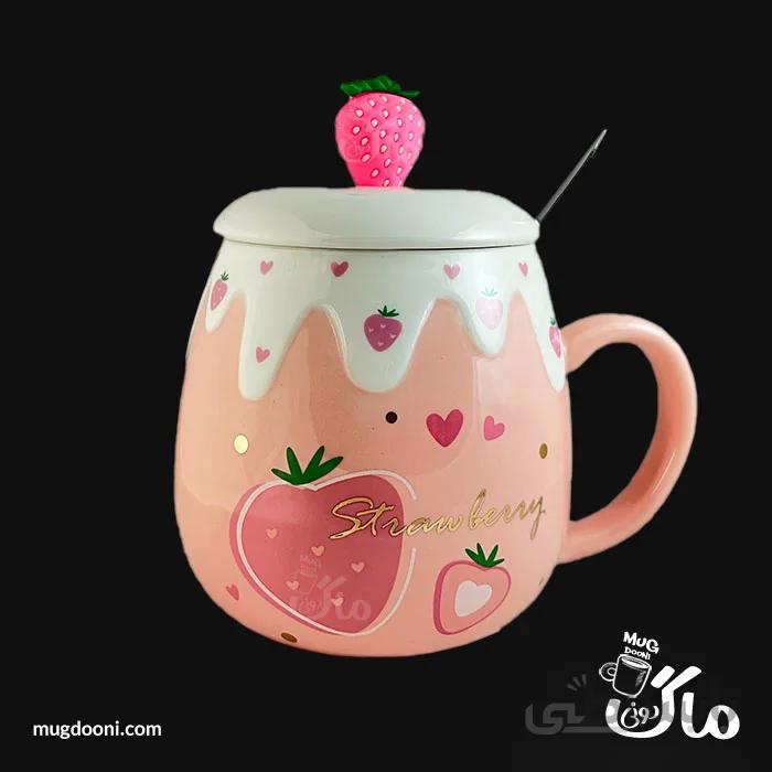 ماگ سرامیکی فانتزی توت فرنگی درب دار و قاشق دار اورجینال
