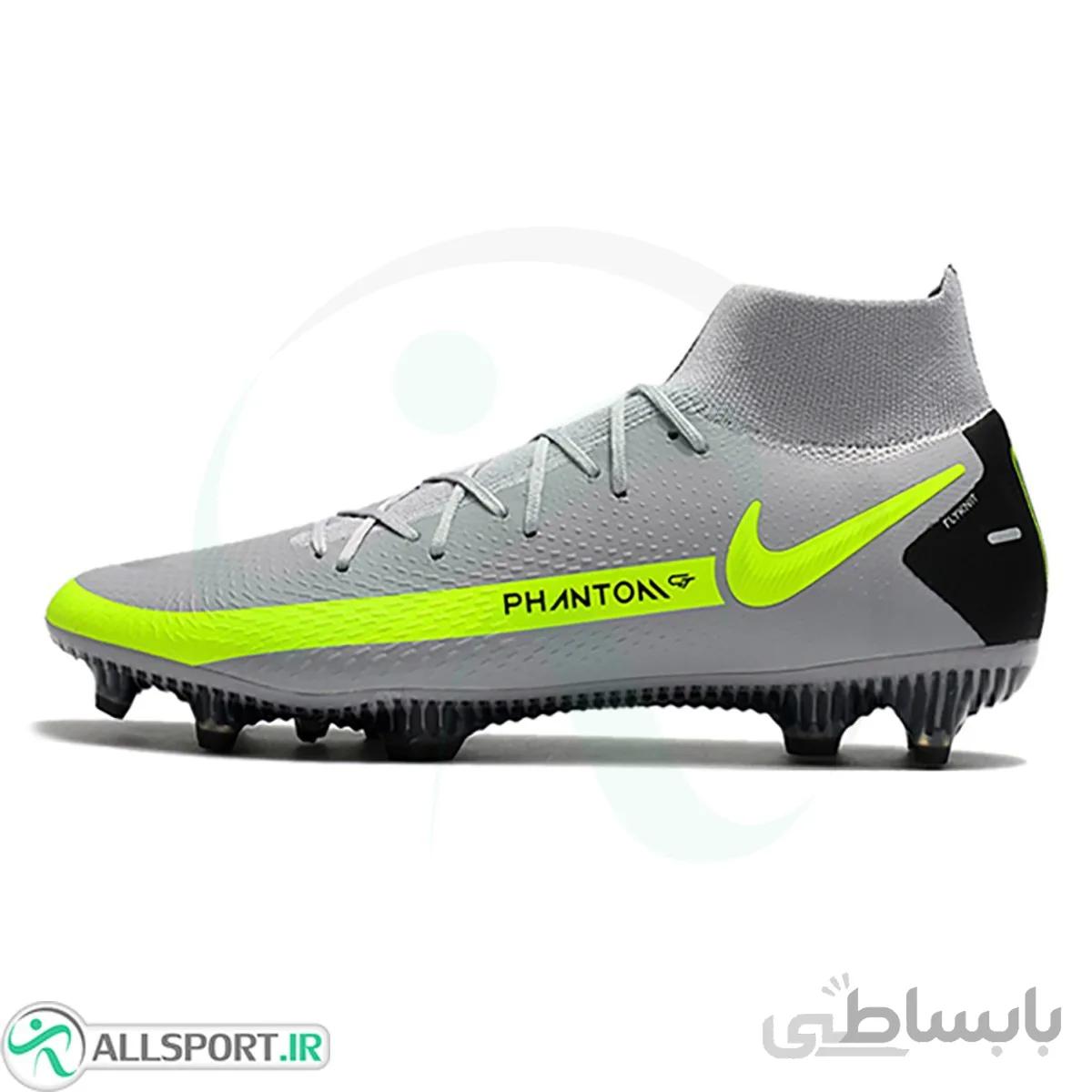 کفش فوتبال نایک فانتوم طرح اصلی ساقدار خاکستری سبز Nike Phantom GT Elite Dynamic Fit FG Grey And Yellow