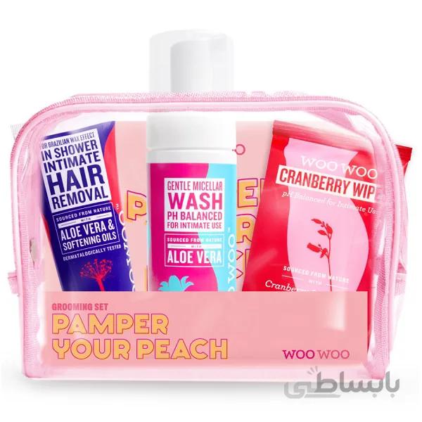 ست بهداشت بانوان woowoo مدل هلو Pamper your peach | فوم شستشوی مخصوص + کرم موبر + دستمال پاک کننده اندام های حساس ا Woo Woo Pamper Your Peach Grooming Set