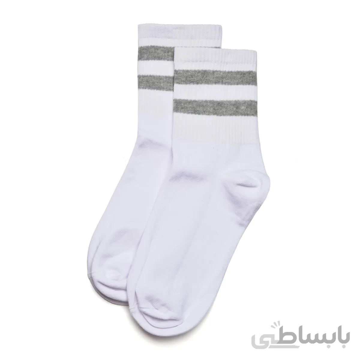 جوراب نیم ساق سفید دوخط طوسی بارو