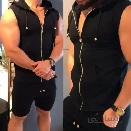 ست مردانه کد 179 رکابی کلاهدار و شلوارک رنگ مشکی ا Men's set code 179 T-shirt with hood and black shorts