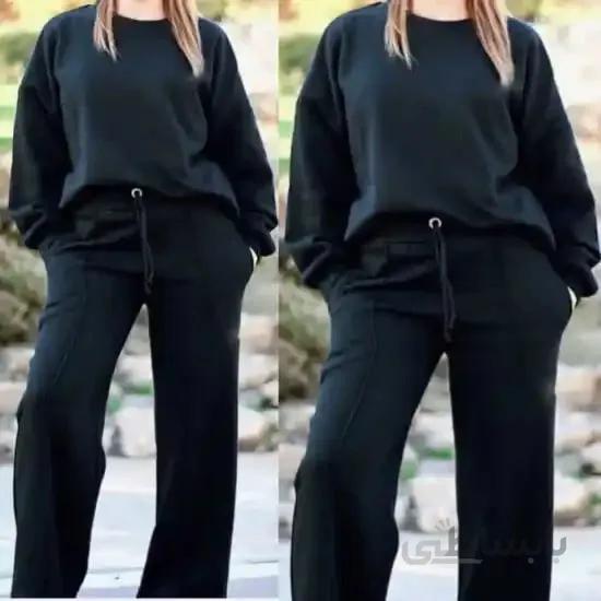 ست زنانه کد 154 هودی و شلوار طرح ساده جنس دورس رنگ مشکی ا Girl's hoodie and pants set made of Dors, all black