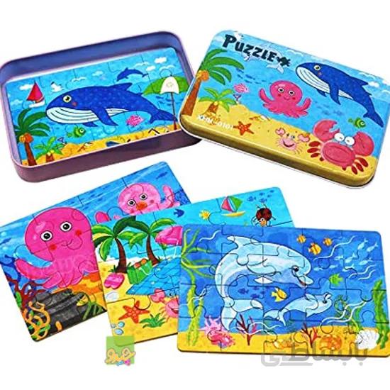 پازل چوبی 4in1 حیوانات دریایی با قوطی فلزی 0101