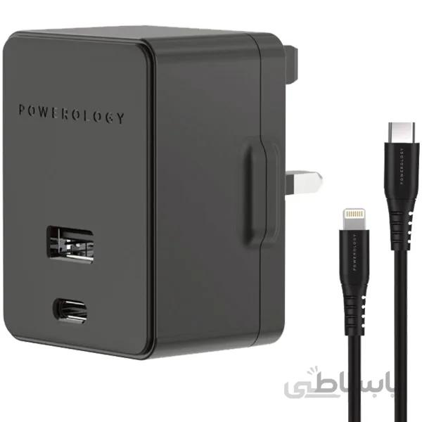 شارژر دیواری پاورولوژی مدل PPDUKLBK شارژ 38 وات به همراه کابل تبدیل لایتنینگ