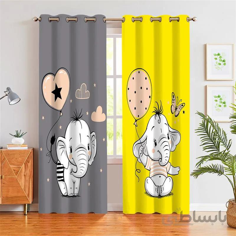 پرده پانچی کد SIS02 طرح فیل طوسی زرد صورتی