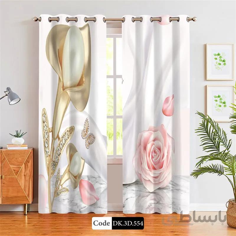 پرده پانچی (هازان و مخمل)کد DK.3D.554 طرح سه بعدی گل و پروانه طلایی