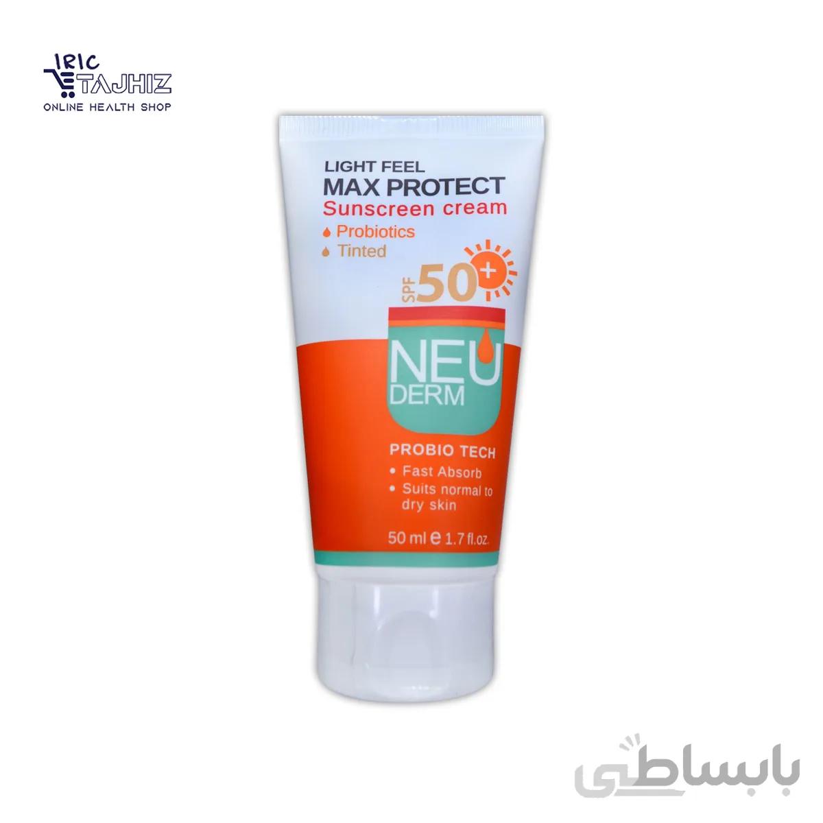 کرم ضد آفتاب رنگی نئودرم SPF50 مناسب پوست نرمال تا خشک رنگ روشن 50 میل ا Neuderm SPF50 Tinted Sunscreen Cream Light Beige 50ml
