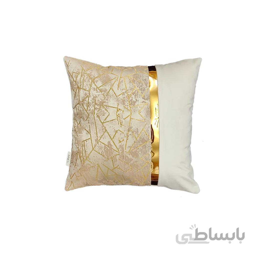 کوسن ترکیبی چرم و مخمل مدل یاسمن رنگ استخوانی و طلائی