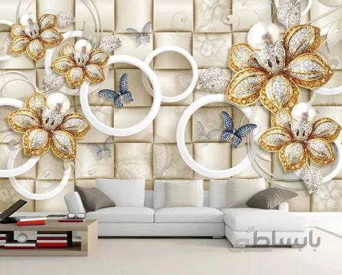 کاغذدیواری سه بعدی گل های طلایی