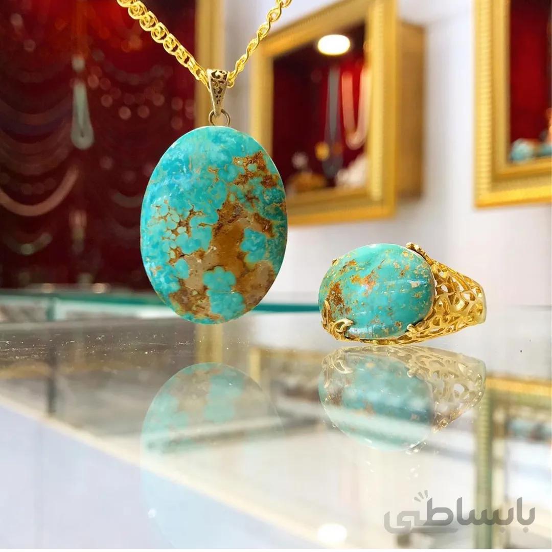 گردنبند وانگشتر فیروزه نیشابور سبز-آبی کد ۱۰۱۷۶۵