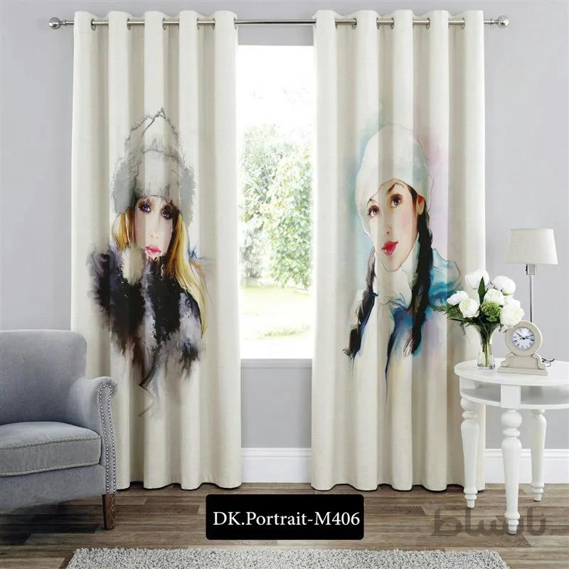 پرده پانچی (هازان و مخمل) کد DK.Portrait.M406 طرح چهره دختران کلاه به سر