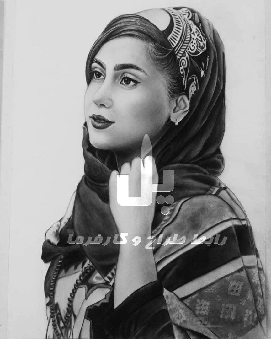 طراحی چهره فاطمه حاضری ( سیاه قلم – آبرنگ )