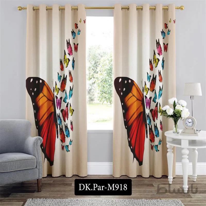پرده پانچی (هازان و مخمل)کد DK.Par.M918 طرح پروانه نارنجی