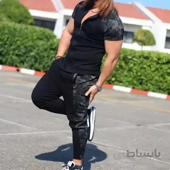 ست مردانه کد 223 تیشرت و شلوار طرح چیرکی جنس دورس رنگ مشکی ا Men's set code 223 T-shirt and pants with a circular design, made of black Dors