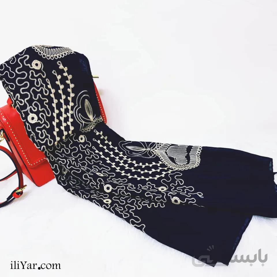 شال مشکی حریر گل دوزی شده