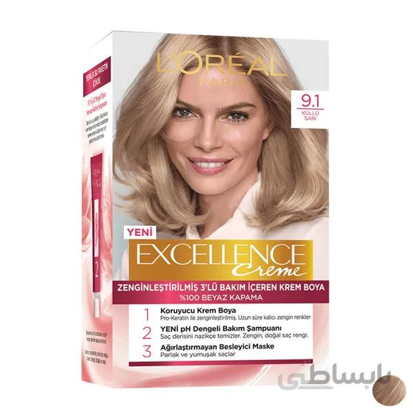 کیت رنگ مو لورال مدل Excellence شماره 9.1 حجم 48 میلی لیتر رنگ بلوند طلایی