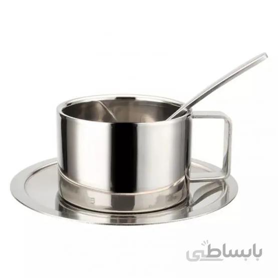 فنجان استیل 280ml قهوه، نسکافه و چای به همراه نعلبکی و قاشق