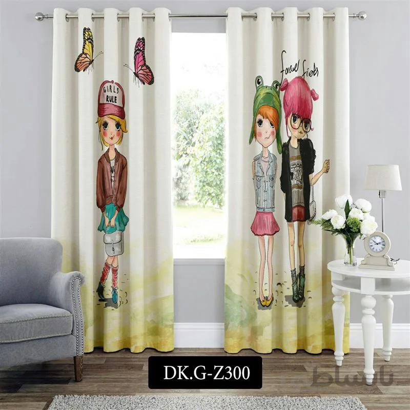 پرده پانچی (هازان و مخمل) کد DK.G.Z300 طرح دخترانه دختران در طبیعت