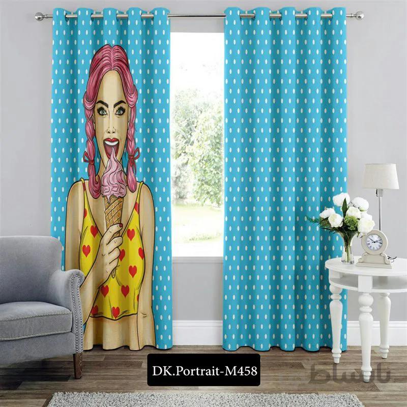 پرده پانچی (هازان و مخمل) کد DK.Portrait.M458 طرح چهره دختر و بستنی