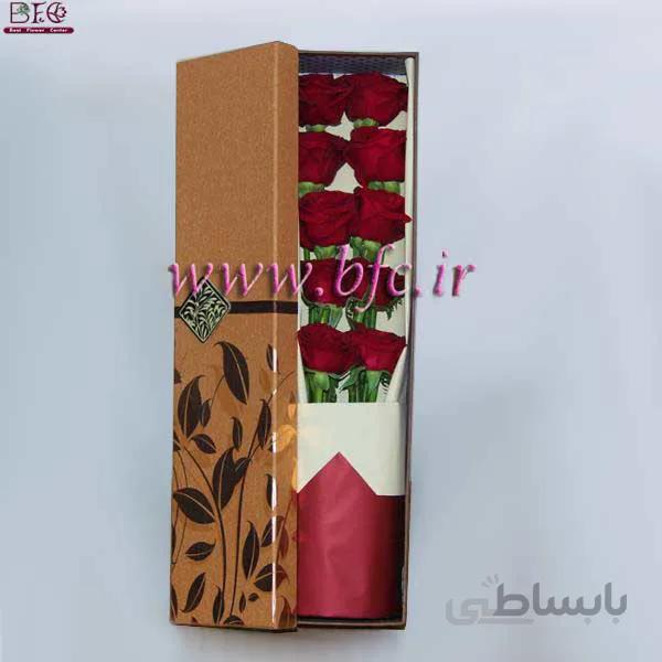 باکس گل جعبه کادویی با 10 شاخه گل رز هلندی زرشکی
