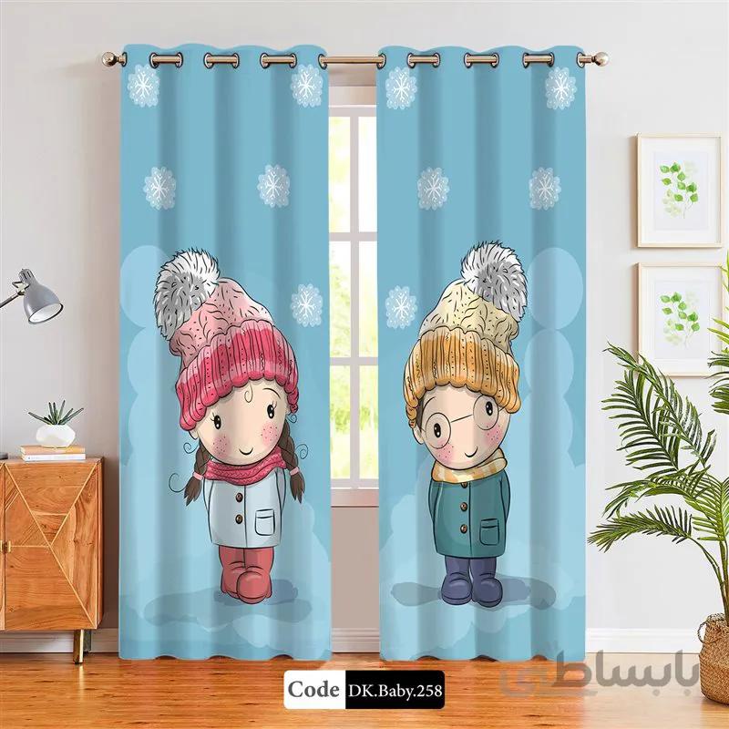 پرده پانچی (هازان و مخمل)کد DK.Baby.258 طرح نوزاد دختر و پسر در برف