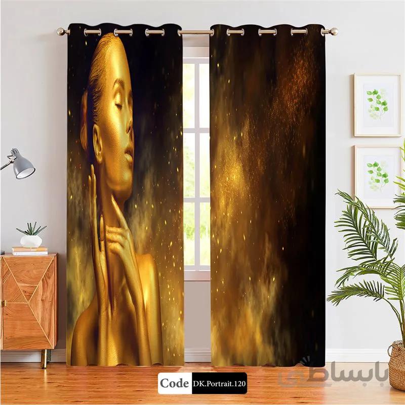 پرده پانچی (هازان و مخمل) کد DK.Portrait.120 طرح چهره زن طلایی در نور