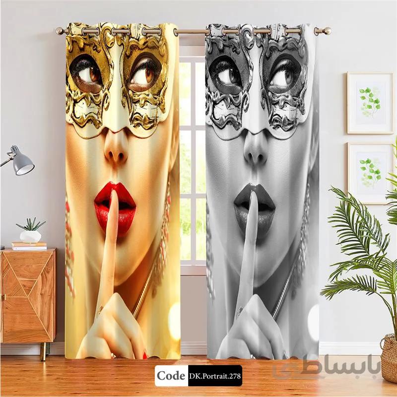 پرده پانچی (هازان و مخمل) کد DK.Portrait.278 طرح چهره زن با نقاب بالماسکه