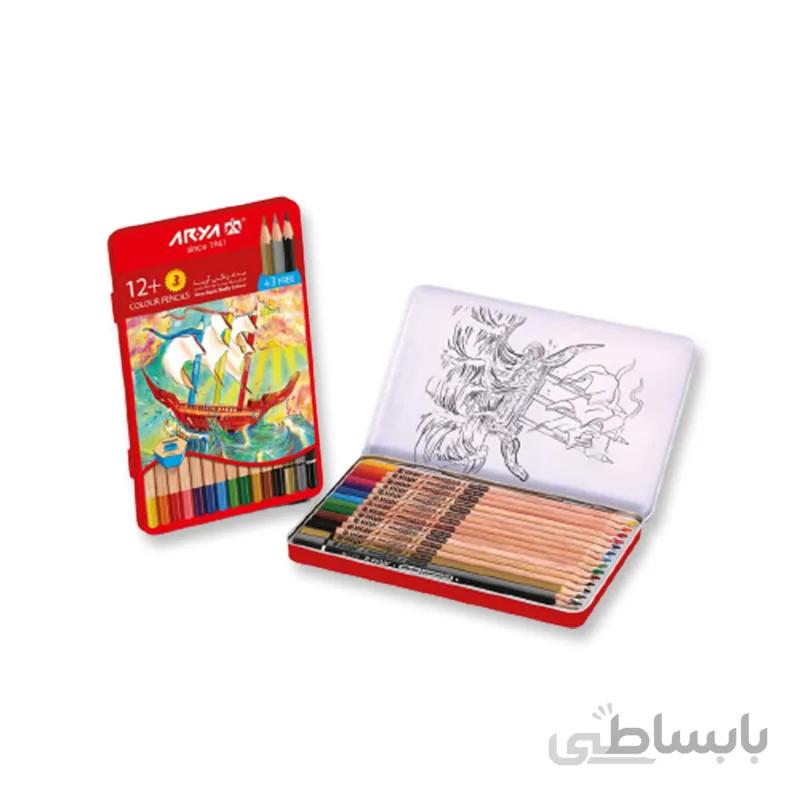 مداد رنگی جعبه فلزی ۳+۱۲ رنگ آریا ا -