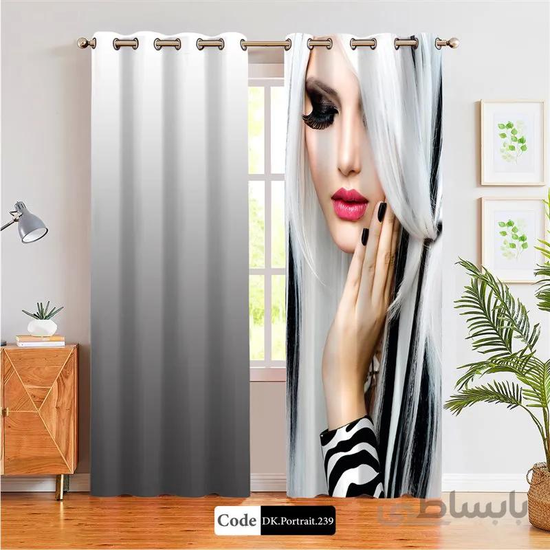 پرده پانچی (هازان و مخمل) کد DK.Portrait.239 طرح چهره زن با موهای سفید و مشکی