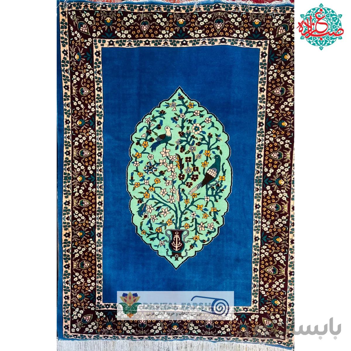 فرش دستبافت خراسان جرگلان چله ابریشم کف ابریشم نقشه پرنده آبی