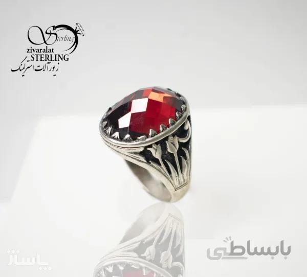 انگشتر نقره مردانه با سنگ یاقئت سرخ صنعتی کد 641337