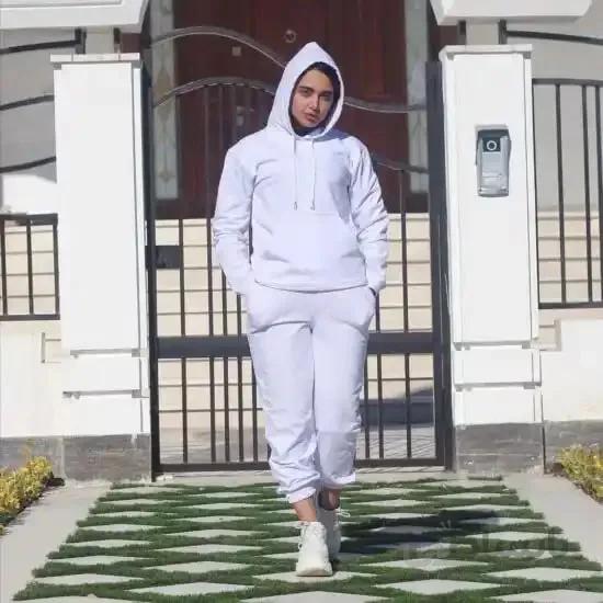 ست زنانه کد 142 هودی و شلوار طرح ساده جنس دورس ضخیم رنگ سفید ا Girl's set of hooded hoodie and thick Dors white pants code 142