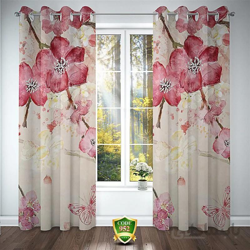 پرده پانچی کد 952-3d-b طرح سه بعدی گل قرمز صورتی