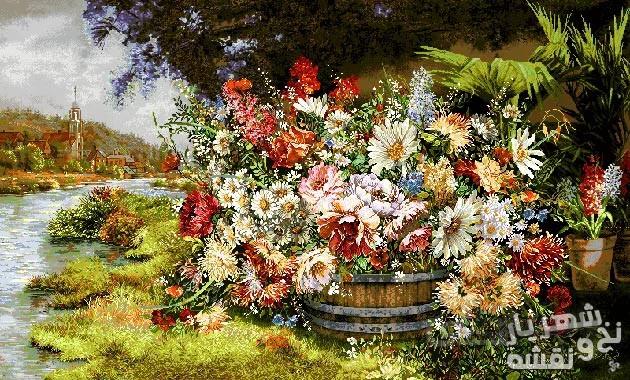 وسایل آماده بافت تابلوفرش گل و رودخانه - b32