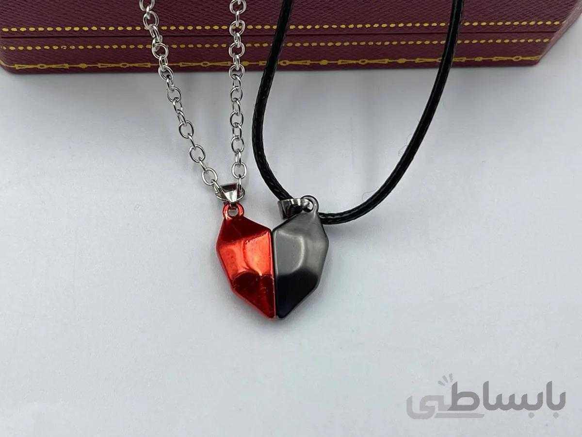 گردنبند دوتکه قلب طوسی و قرمز