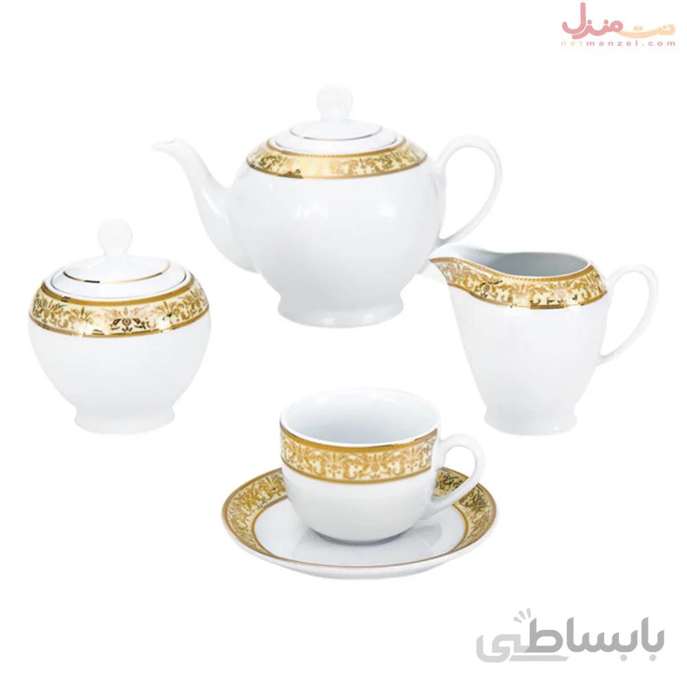 سرویس چای خوری 17 پارچه چینی زرین سری ایتالیا اف مدل مهر کرم درجه عالی