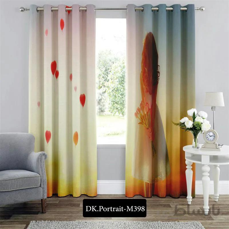 پرده پانچی (هازان و مخمل) کد DK.Portrait.M398 طرح چهره دختر و بادکنک های قلبی