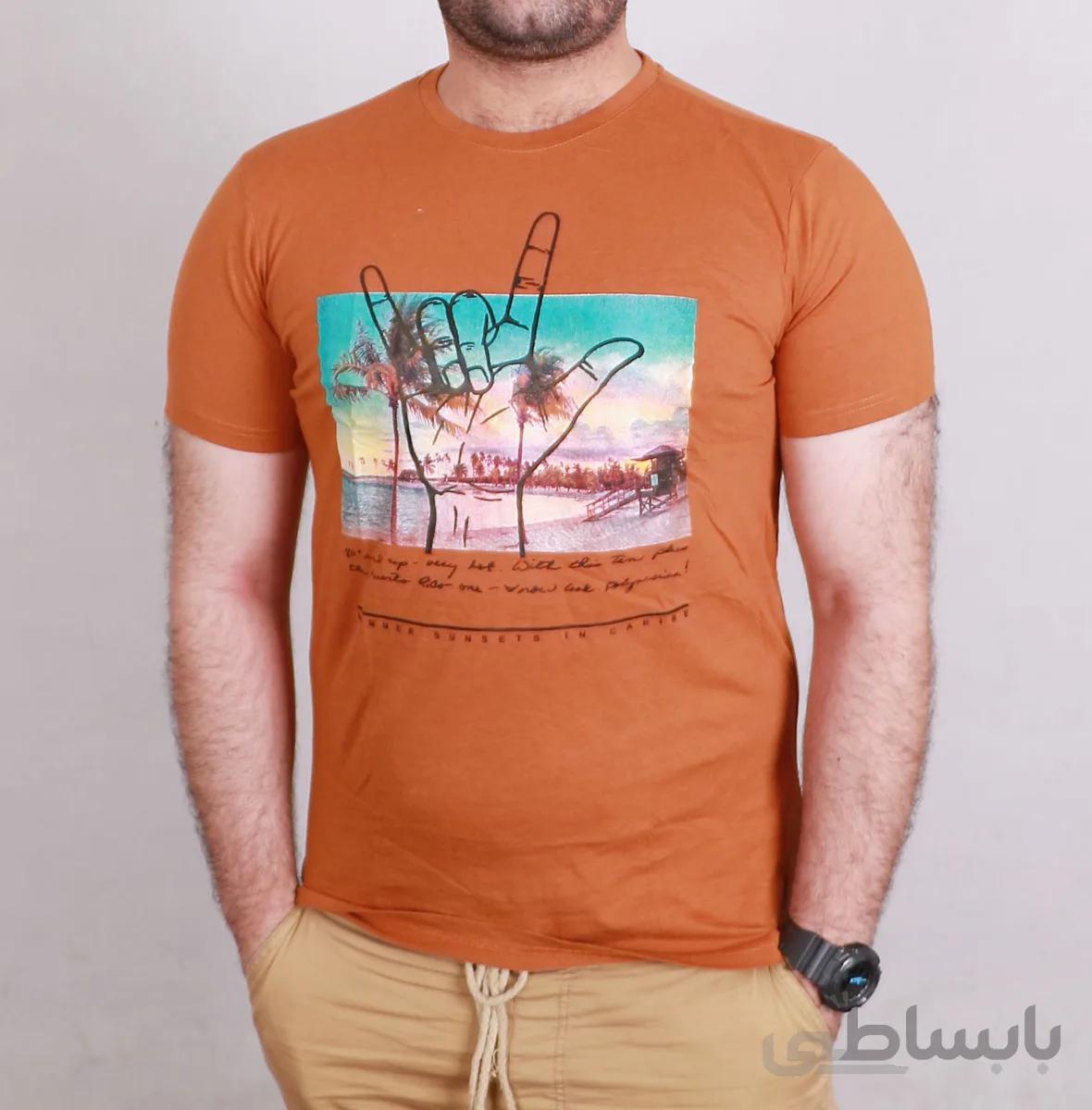 تیشرت یقه گرد مردانه شتری مدل Victory