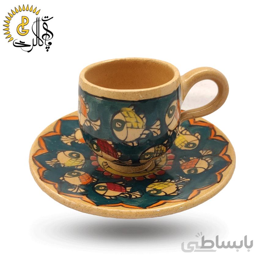 فنجان و نعلبکی سفالی طرح ماهی کد 0804