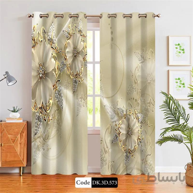 پرده پانچی (هازان و مخمل)کد DK.3D.573 طرح سه بعدی گل های طلایی
