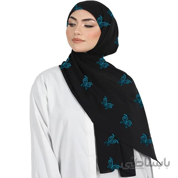 شال حریر مشکی گلدوزی پروانه آبی