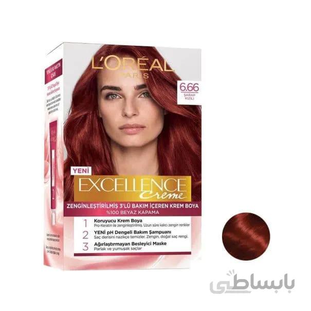 کیت رنگ مو لورآل شماره 6.66 سری Excellence رنگ قرمز شرابی