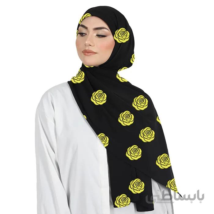 شال حریر مشکی گلدوزی رُز زرد