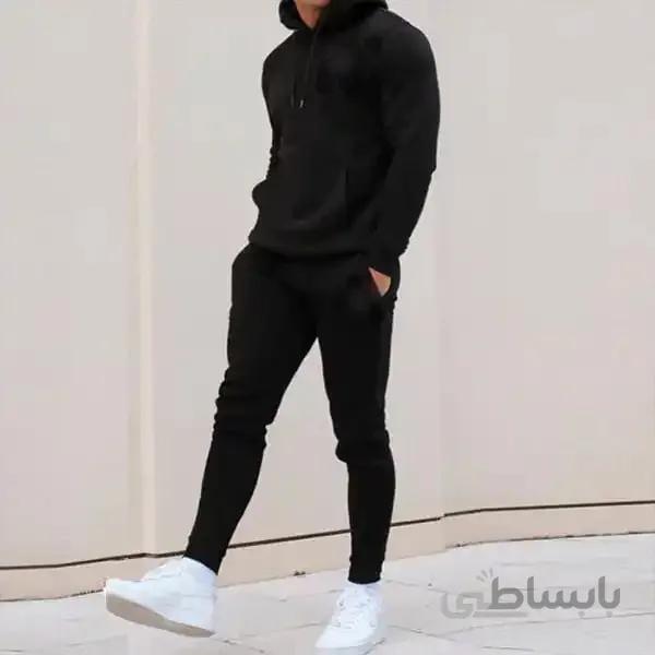 ست مردانه کد 131 هودی کلاهدار و شلوار اسلش جنس دورس رنگ مشکی ا Men's hooded hood set and slash pants, simple design, Dors black color