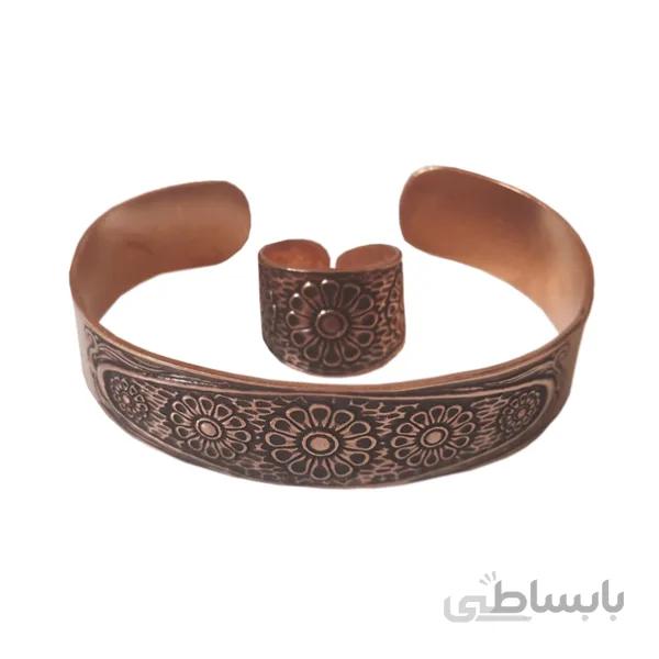 ست دستبند و انگشتر مسی پهن پنج گل لوتوس کد jw52.2