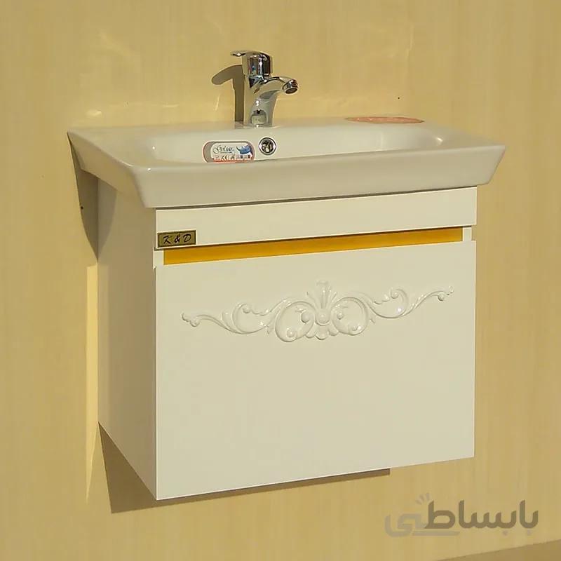 روشویی کابینتی لوسیا گلدار | سفید با نوار طلایی