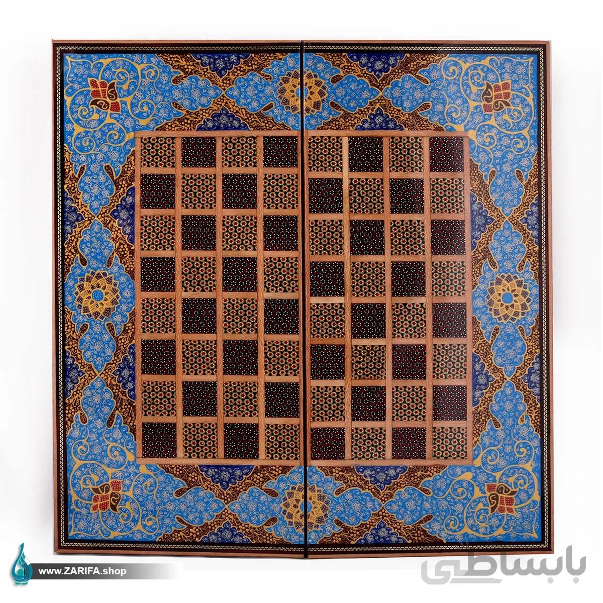 تخته نرد خاتم و چوب راش با نقاشی تذهیب ۵۰*۵۰